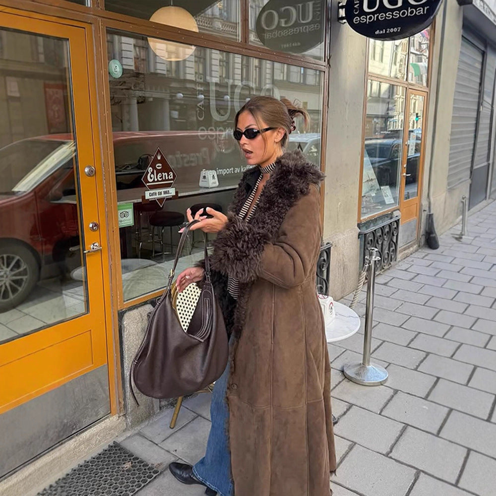 Women's Maxi-Length Faux Velvet Coat in Shearling Style with Shawl Collar and Button Placket Mune Fashion