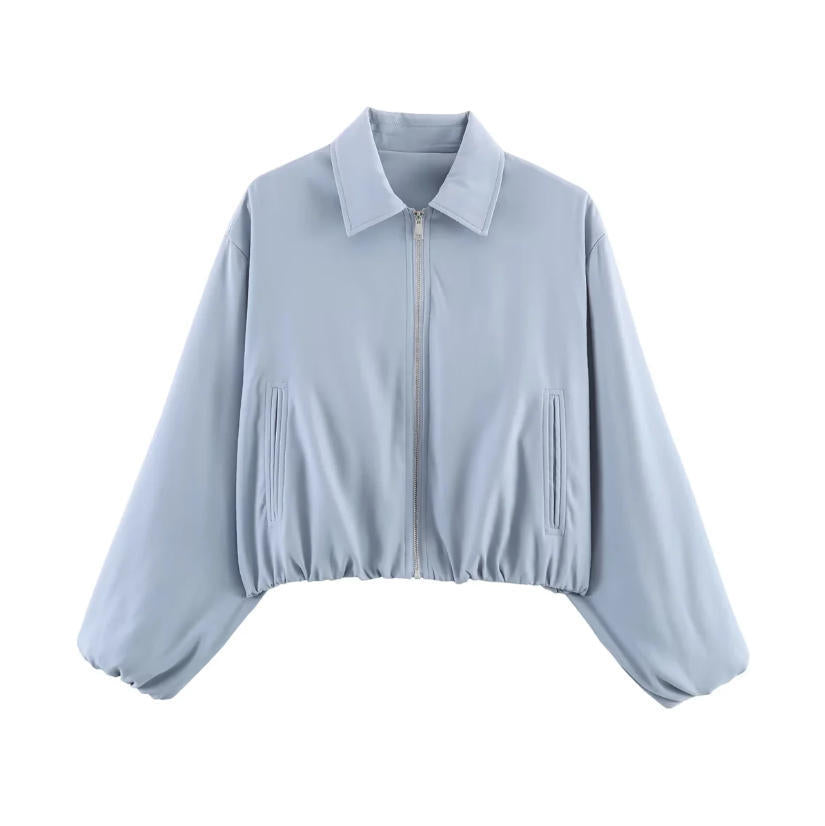 Women Shortened Bomber Jacket in Harrington Style with Balloon Sleeves and Elastic Hem Mune Fashion