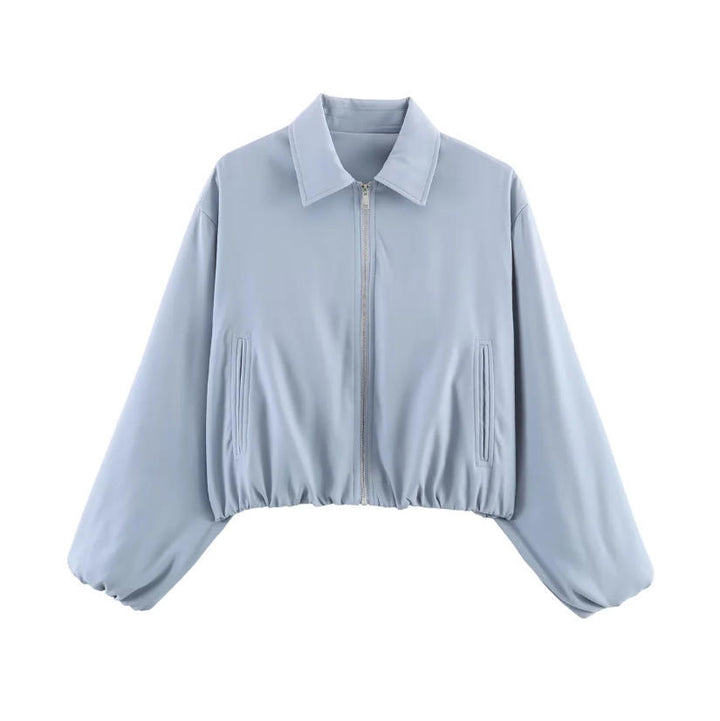 Women Shortened Bomber Jacket in Harrington Style with Balloon Sleeves and Elastic Hem Mune Fashion