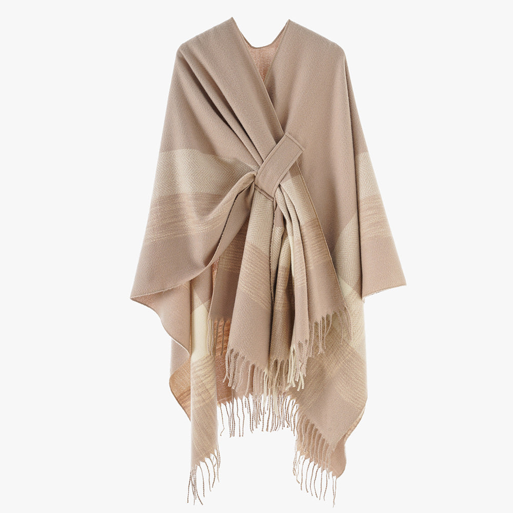 Women's Sleeveless Wool Blend Cover-Up with Tie Loop and Fine Fringe Hem Mune Fashion
