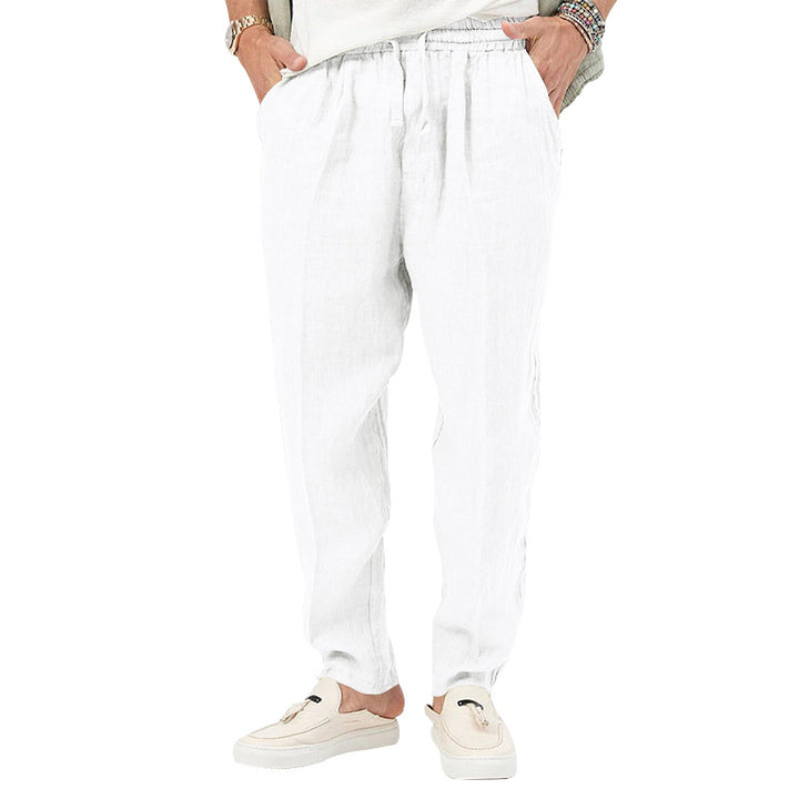 Men's linen jog pants with elastic tunnel drawstring waistband and tapered leg Mune Fashion