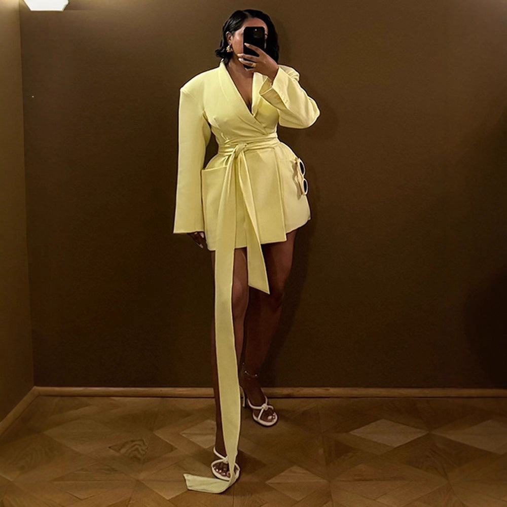 Women's Tailored Blazer Dress with Draped Tie Belt and Structured Shoulders Mune Fashion