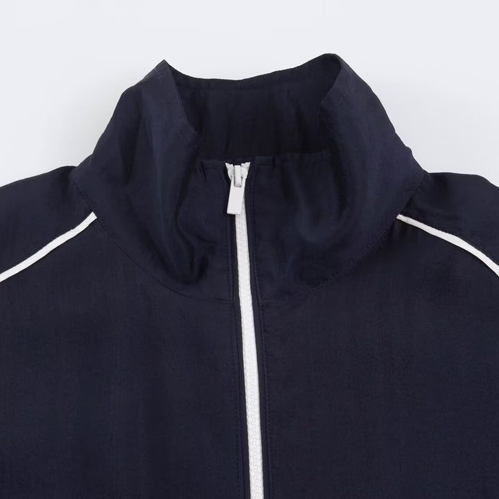 Women's Cropped Windbreaker Jacket with High Funnel Collar, Contrast Piping, and Elastic Hem