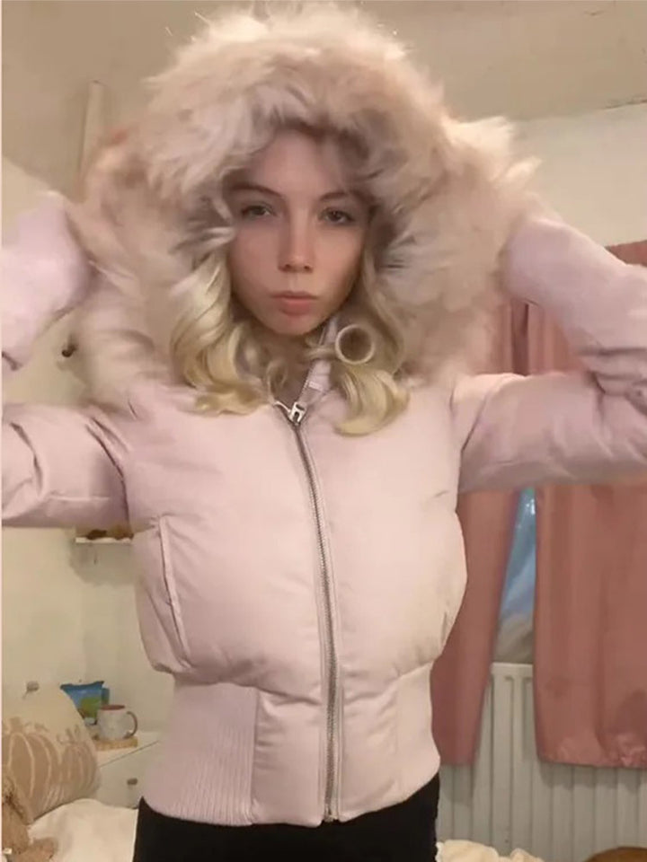 Ladies short quilted bomber style jacket with detachable faux fur hood Mune Fashion