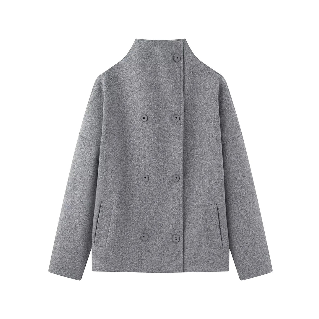 Women nan kastiger short coat with high stand-up collar double button and concealed button placket Mune Fashion