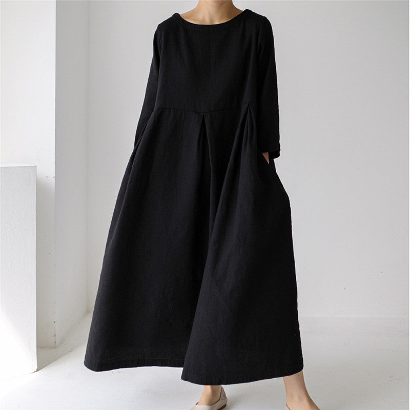 Women's maxi dress made of linen blend with gathered hip yoke, side pockets and wide flared skirt Mune Fashion
