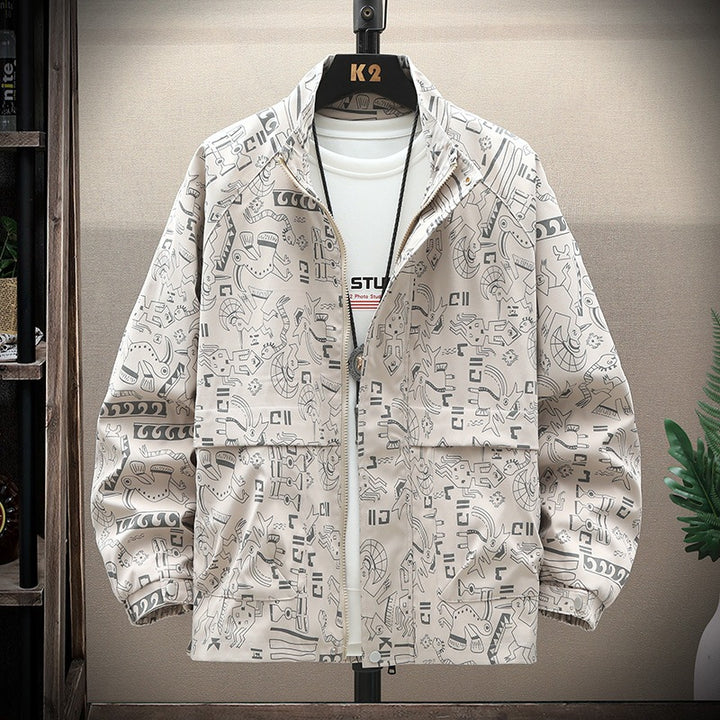 Men's lightweight overshirt utility jacket with allover print, stand-up collar & concealed zipper Mune Fashion