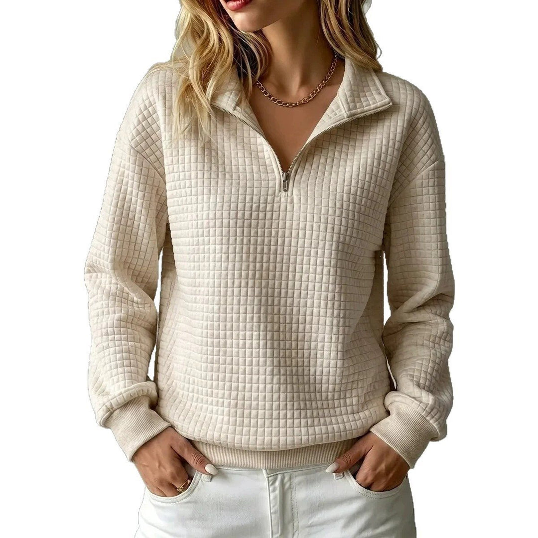 Women's Quilted Fleece Pullover with Half Zipper and Stand-Up Collar Mune Fashion