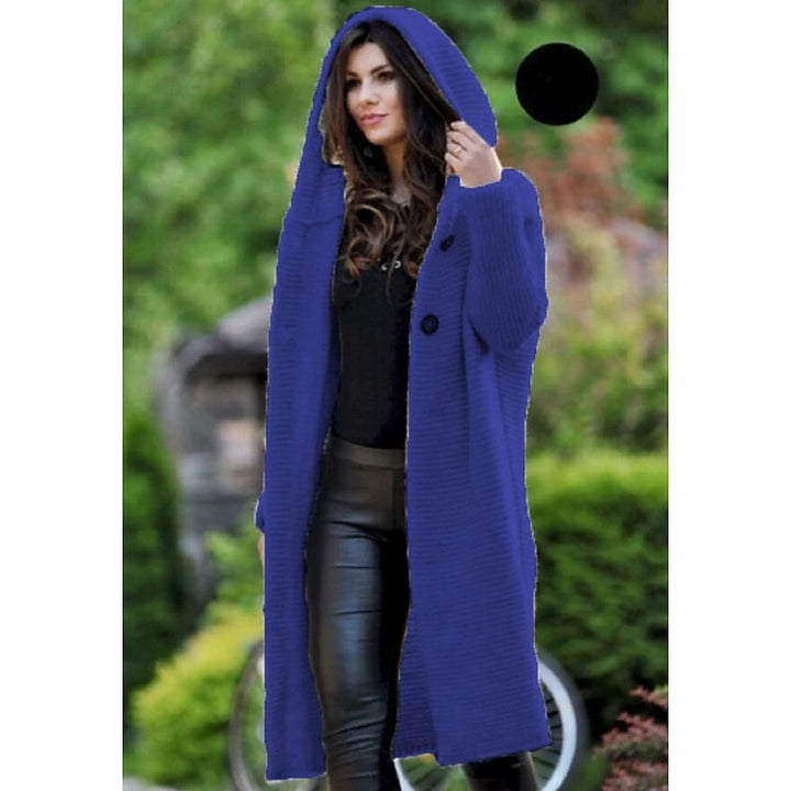 Women's Hooded Knit Coat with Oversized Cut and Button Placket Mune Fashion