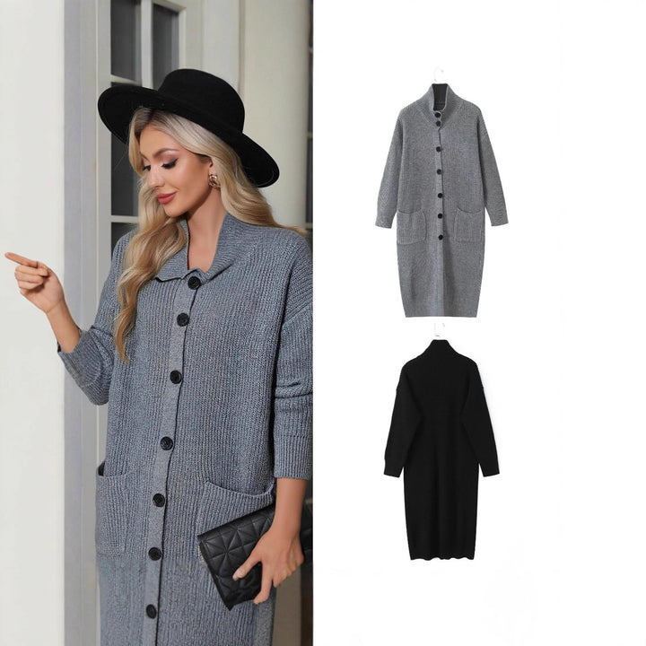 Women Long Chunky Knit Cardigan with Shawl Collar, Button Placket and Patch Pockets Mune Fashion