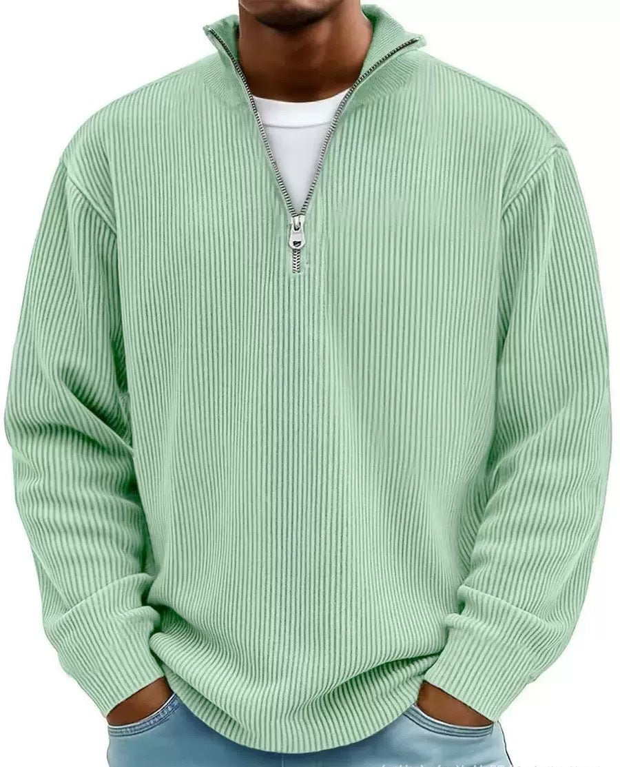 Men's Ribbed Half-Zip Knit Sweater with Stand Collar and Relaxed Fit Mune Fashion