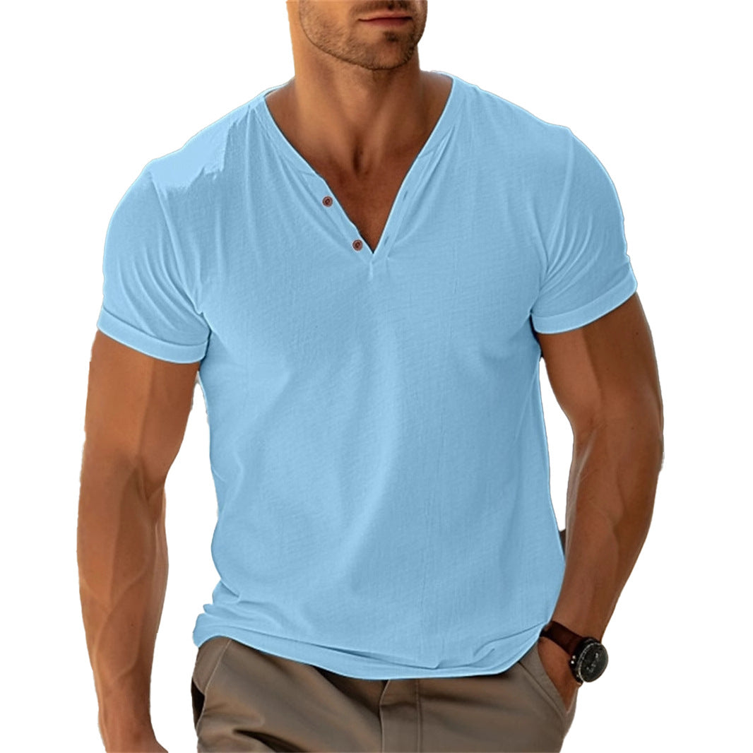 Men's fitted Henley T-shirt with V-neck, short button placket and roll-up sleeves Mune Fashion