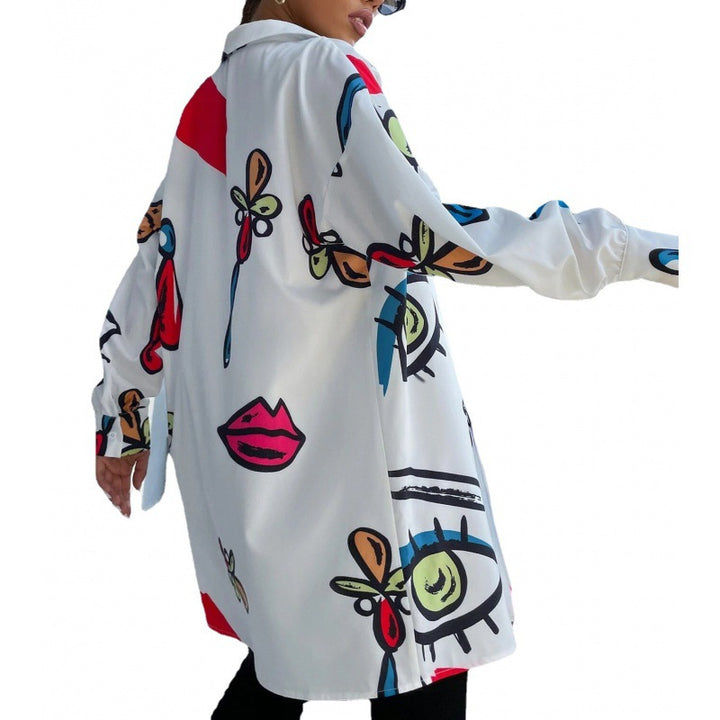 Women's Oversized Long Blouse with Pop Art Print, Shirt Collar and Continuous Button Placket Mune Fashion