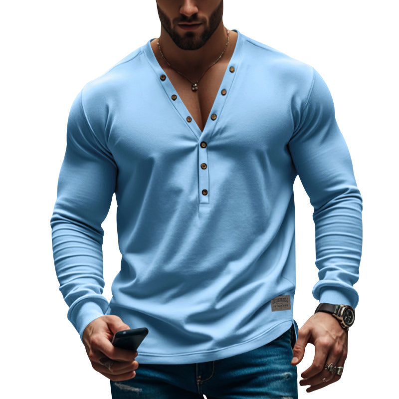 Men's tailored long-sleeve Henley shirt with deep V-neck and reinforced placket Mune Fashion