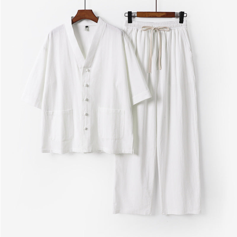 Men's kimono two-piece set made of linen blend with V-neck, patch pockets, and drawstring pants Mune Fashion