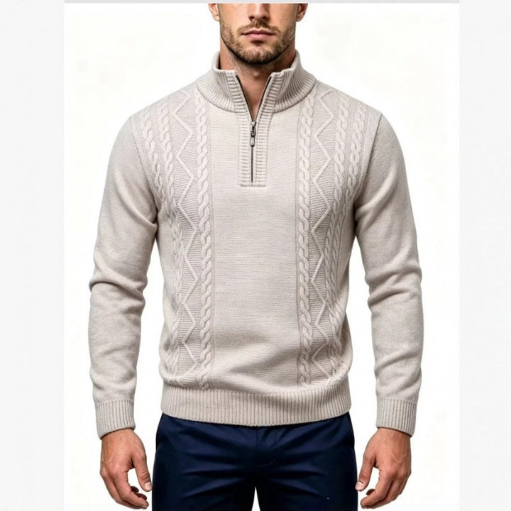 Men's Structured Half-Zip Pullover with Stand-Up Collar and Cable Knit Details Mune Fashion