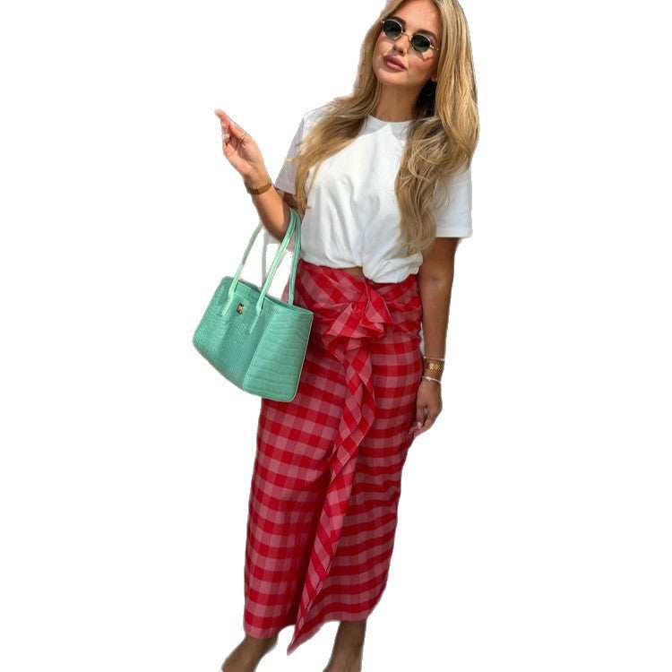 Women's maxi skirt with Vichy check, side ruffle gathering & wrap look Mune Fashion