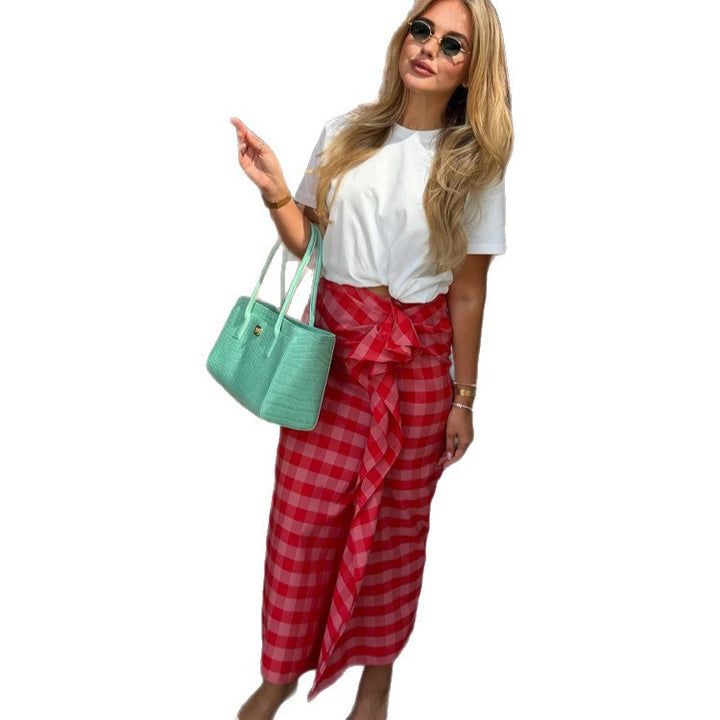 Women's maxi skirt with Vichy check, side ruffle gathering & wrap look Mune Fashion