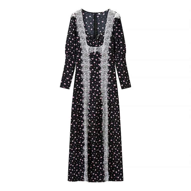 Women's Long Sleeve Maxi Dress with Lace Trimmings, Deep V-Neck and Floral All-Over Print Mune Fashion