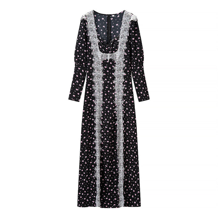 Women's Long Sleeve Maxi Dress with Lace Trimmings, Deep V-Neck and Floral All-Over Print Mune Fashion