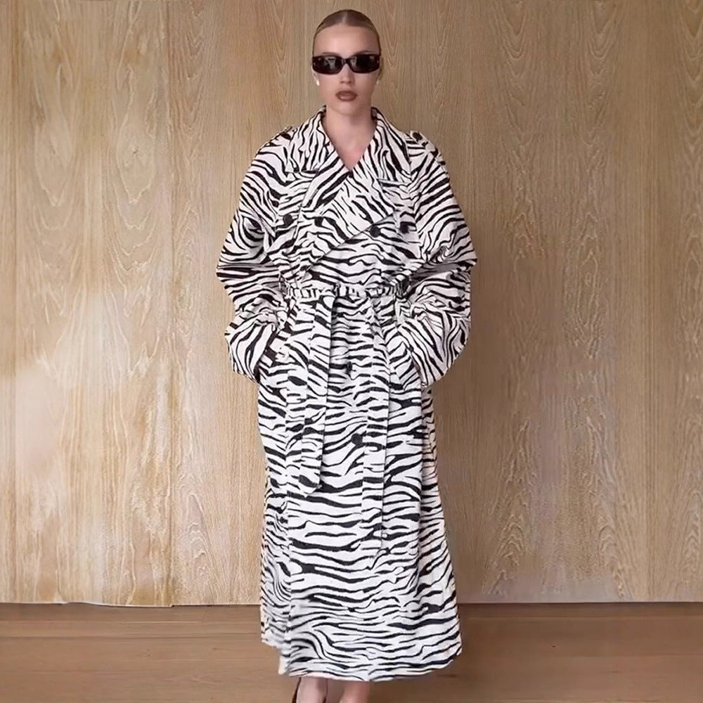 Women's Maxilength Trench Coat in Animal Print with Voluminous Shawl Collar, Tied Belt and Boxy Silhouette Mune Fashion
