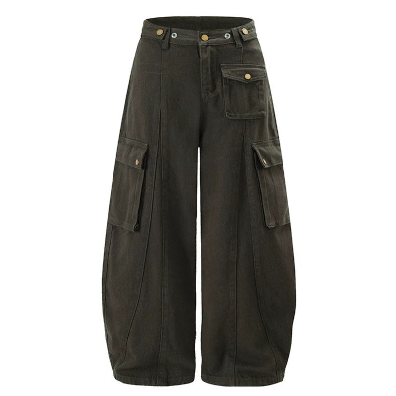 Women's Wide Cargo Palazzo Pants with High Waist, Balloon Hem, and Multiple Flap Pockets