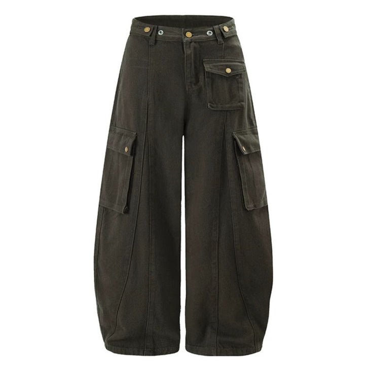 Women's Wide Cargo Palazzo Pants with High Waist, Balloon Hem, and Multiple Flap Pockets
