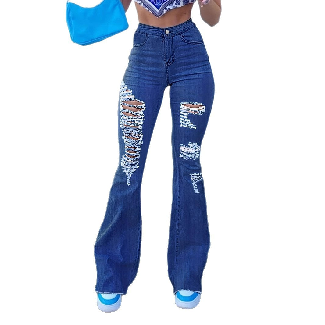 Ladies High-Waist Flared Jeans with large distressed rips and sculpting comfort waistband Mune Fashion