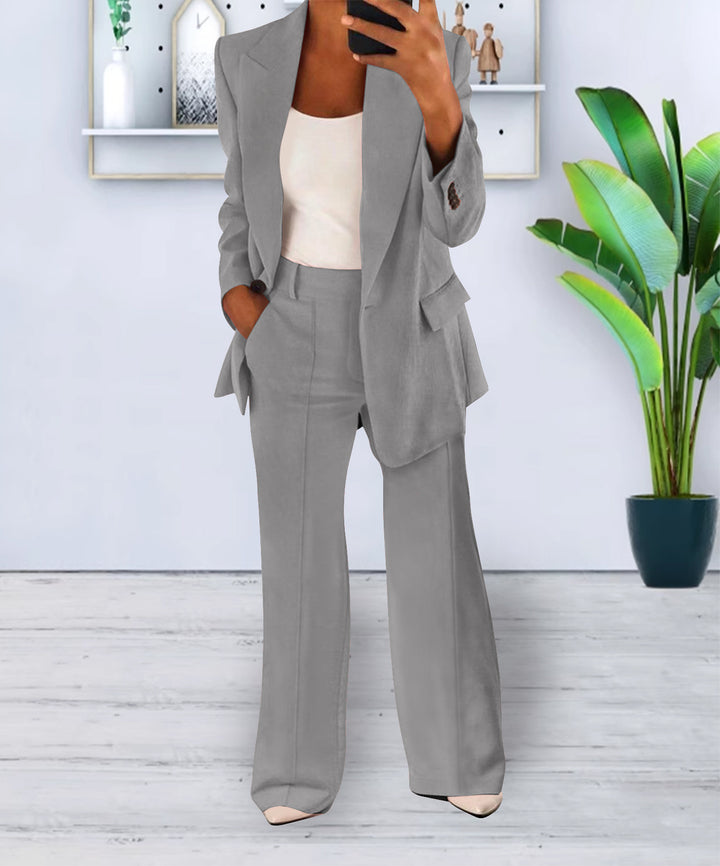 Ladies Two-Piece Business-Casual Tailoring Set with Longline Blazer and Wide Pleated Pants Mune Fashion
