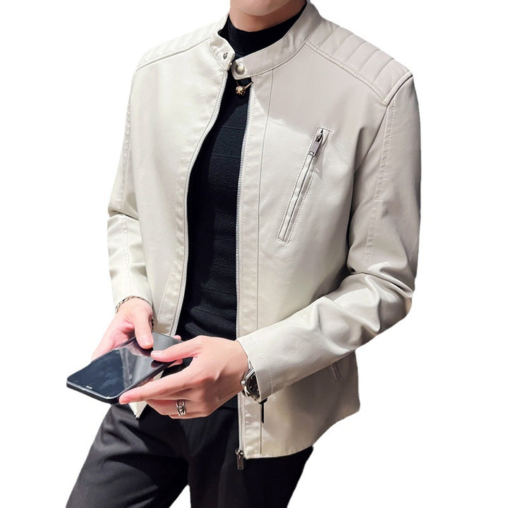 Men's Slim Faux Leather Biker Jacket with Stand-up Collar, Quilted Inserts and Zipper Pockets Mune Fashion