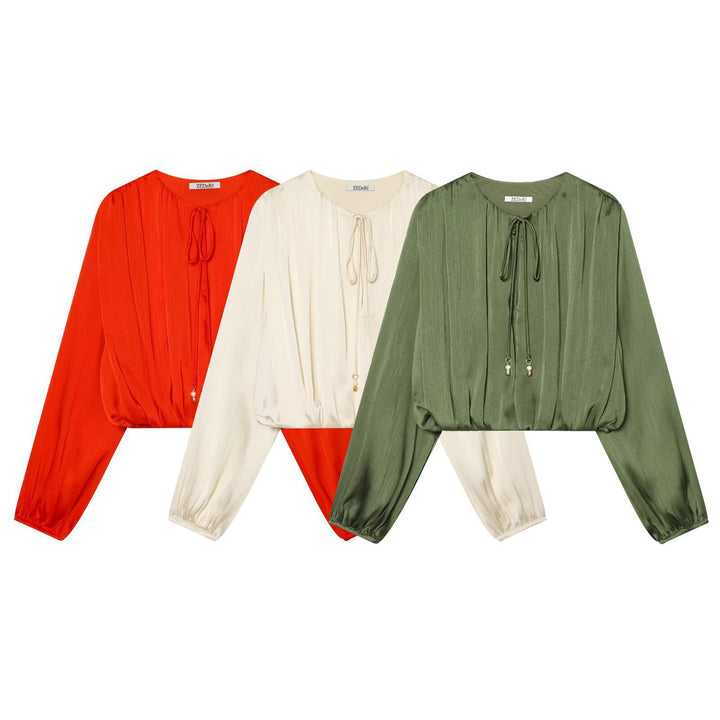 Women's Pleated Cropped Blouse with Drawstring and Balloon Sleeves Mune Fashion