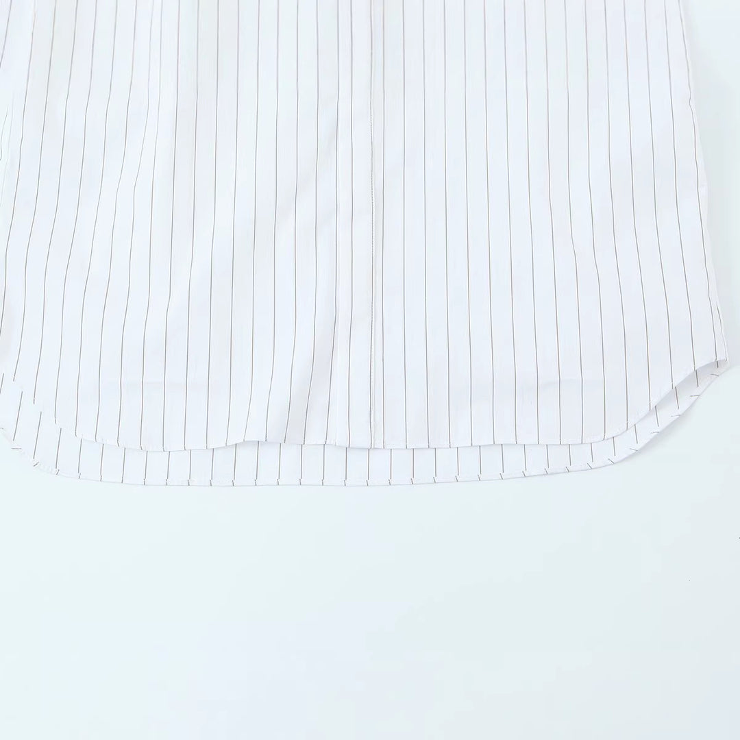 Women Bow Collar Blouse with Fine Pinstripe and Loose Silhouette Mune Fashion
