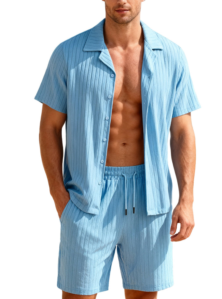 Men's ribbed fine knit lounge set with short sleeve lapel shirt and drawstring shorts Mune Fashion
