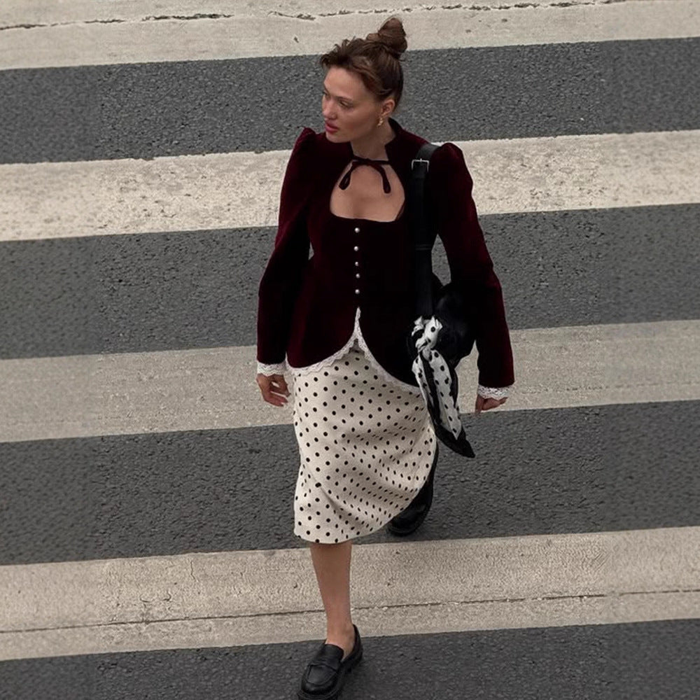 Women's tailored velvet blazer dress with heart neckline, pearl buttons, and lace trim Mune Fashion