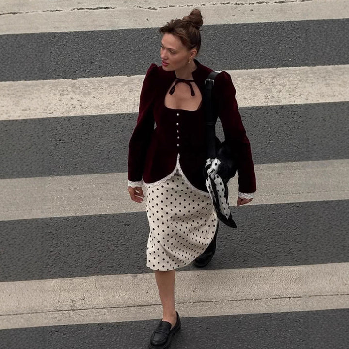 Women's tailored velvet blazer dress with heart neckline, pearl buttons, and lace trim Mune Fashion