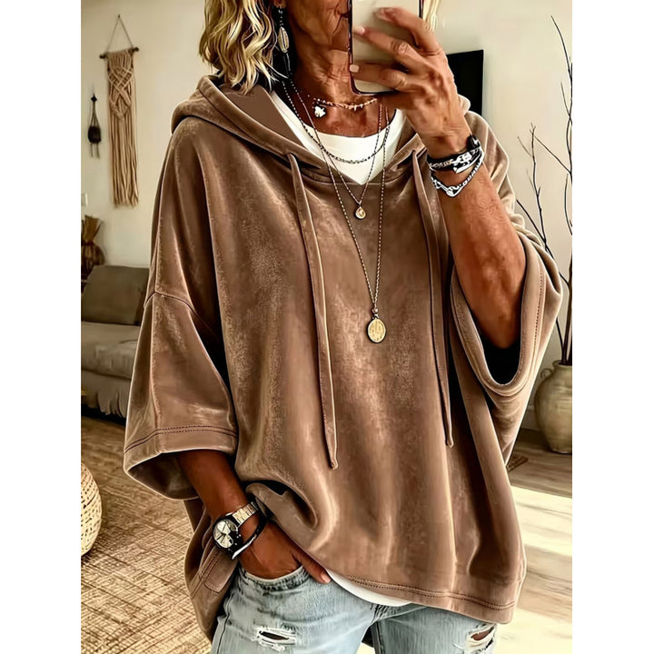 Ladies Luxurious Velvet Hoodie with Kimono Short Sleeves and Drawstring Mune Fashion