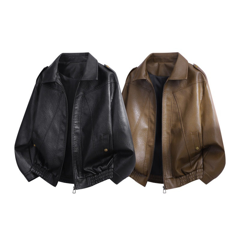 Men's Oversized Faux Leather Bomber Jacket with Epaulettes, Elastic Hem & Metal Buttons Mune Fashion