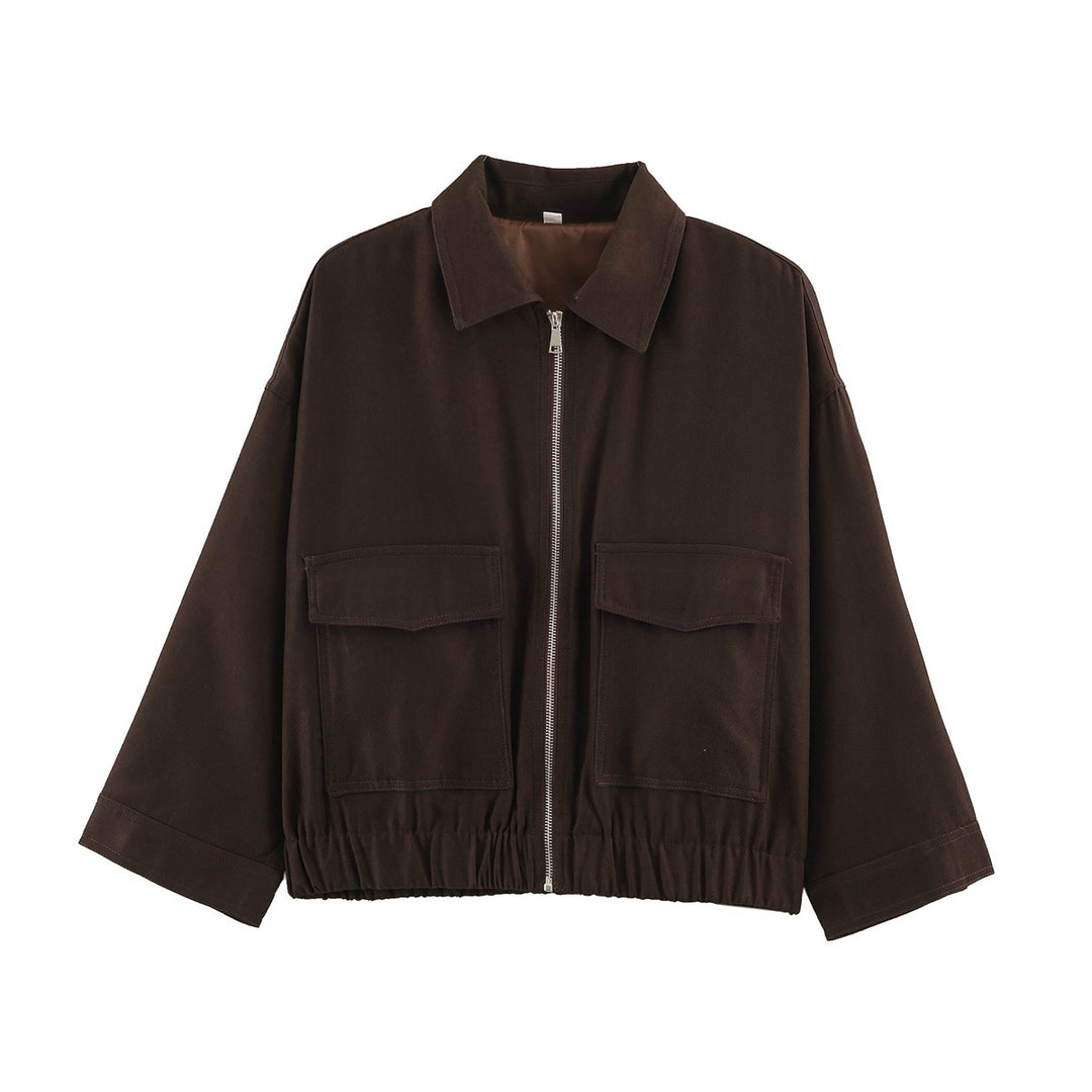 Women's Boxy Cropped Utility Jacket with Zipper Flap Pockets and Elastic Hem Mune Fashion