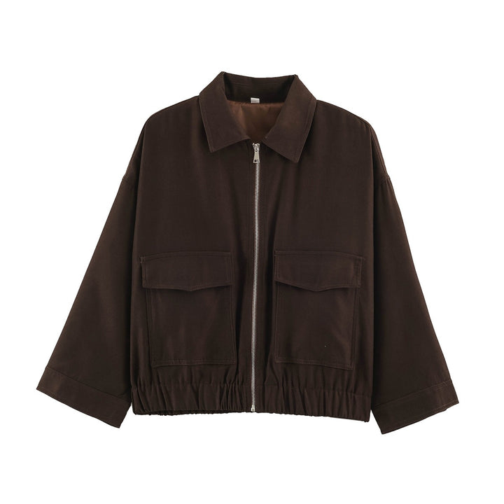 Women's Boxy Cropped Utility Jacket with Zipper Flap Pockets and Elastic Hem Mune Fashion