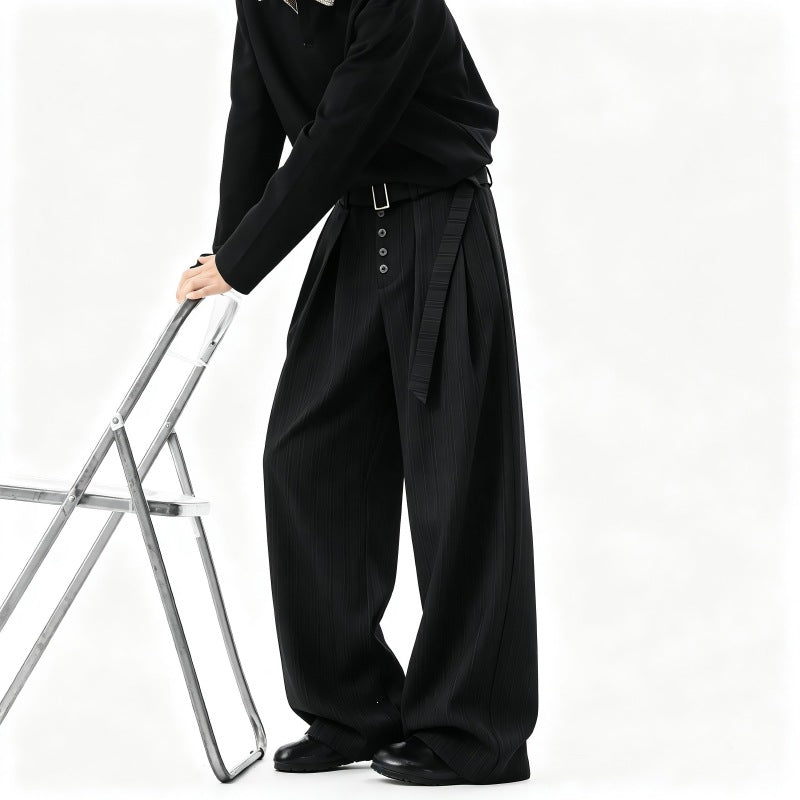 Men's Wide Pinstripe Pants in Baggy Cut with High Waist, Pleats and Decorative Button Placket Mune Fashion