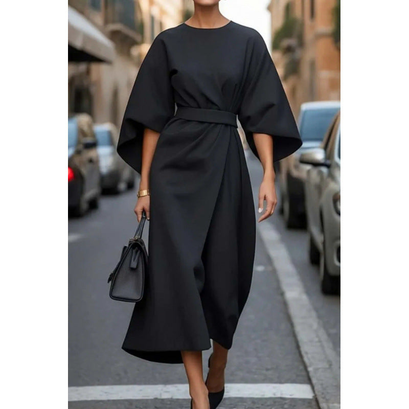 Ladies Elegant Midi Dress with Wide Kimono Sleeves and Fitted Wrap Waist Mune Fashion