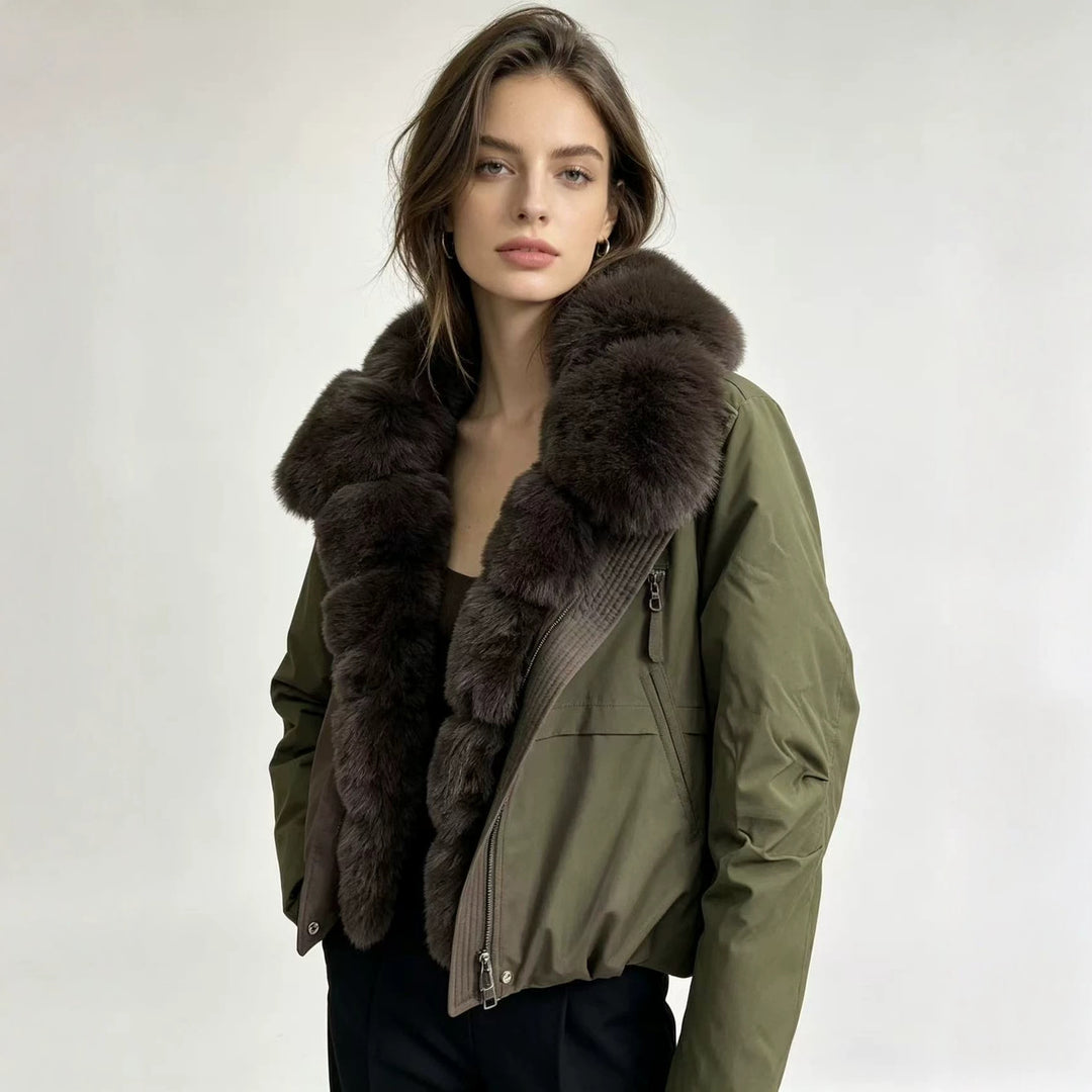 Women's tailored parka bomber jacket with voluminous faux fur collar and windproof outer shell Mune Fashion