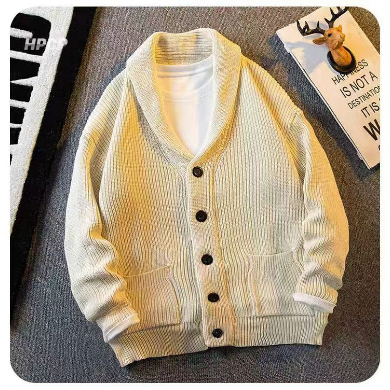 Men's shawl collar cardigan made of coarse ribbed knit with pockets & button placket Mune Fashion