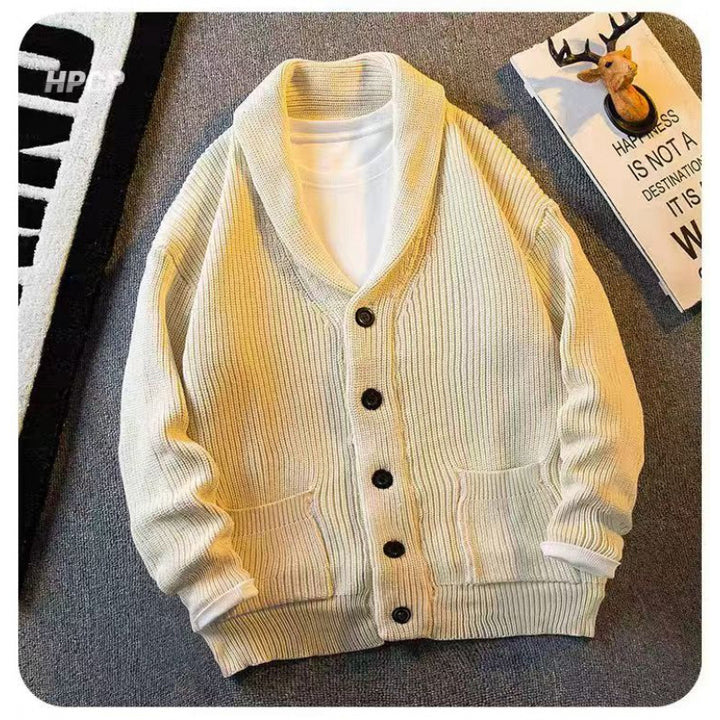Men's shawl collar cardigan made of coarse ribbed knit with pockets & button placket Mune Fashion