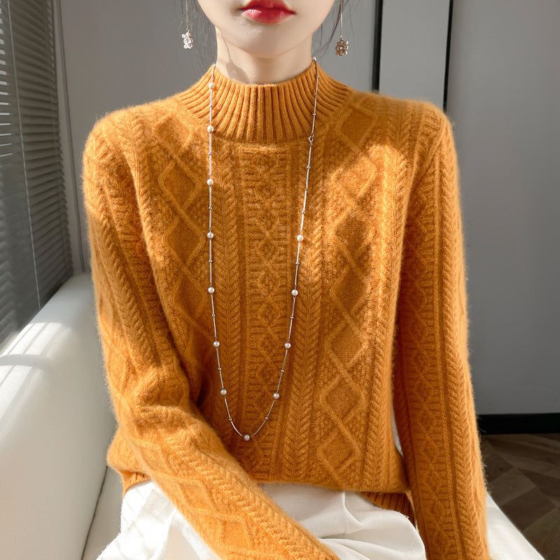 Women's cable-knit mock neck sweater with fine ajour detail and fluffy cashmere look Mune Fashion