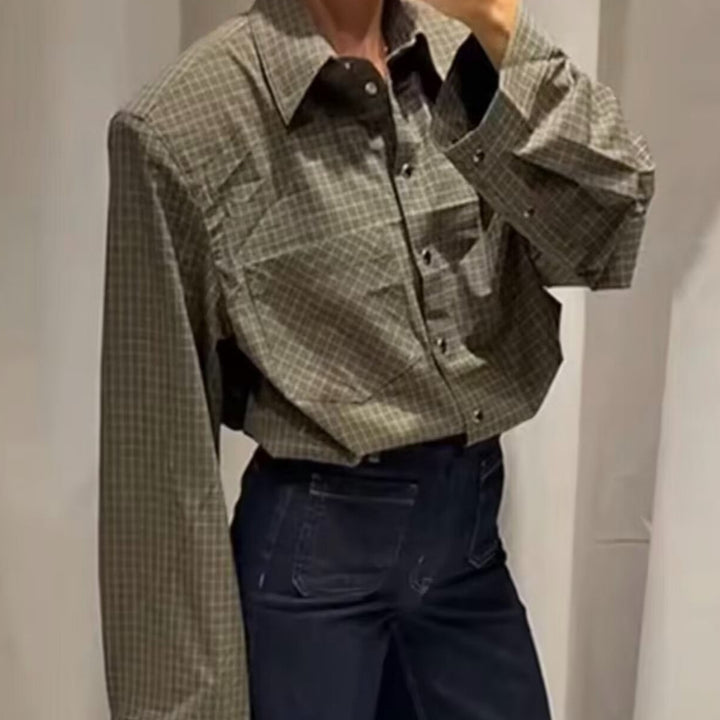 Women Oversize Check Shirt with Chest Pocket and Curved Hem Mune Fashion