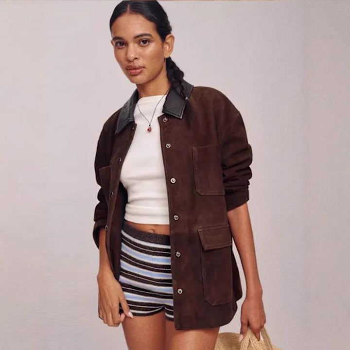 Women's Oversized Utility Jacket in Suede Look with Contrast Collar & Patch Pockets Mune Fashion