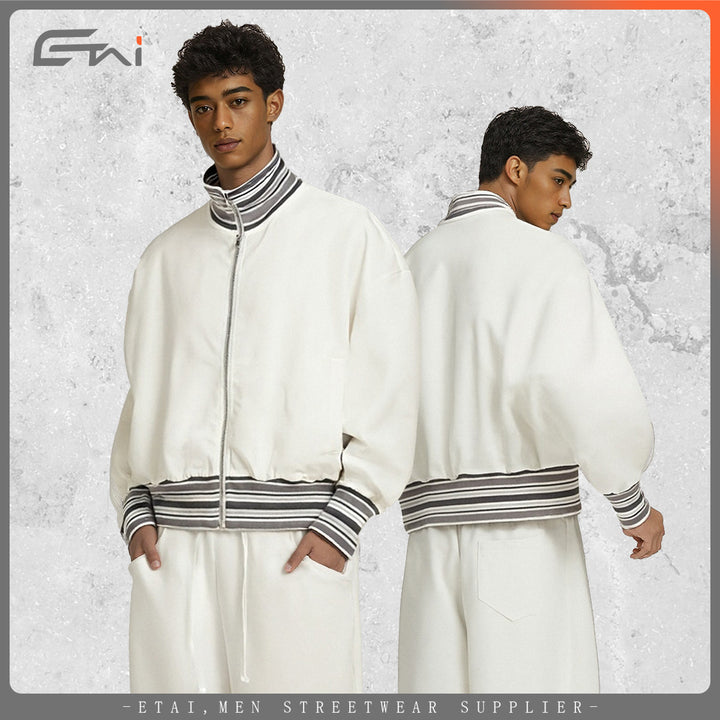 Unisex Short-cut bomber jacket with striped ribbed cuffs and stand-up collar Mune Fashion