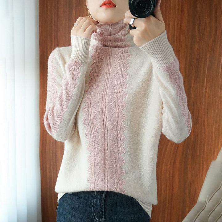 Women’s premium turtleneck sweater made of fine knit with centered lace cable structure Mune Fashion