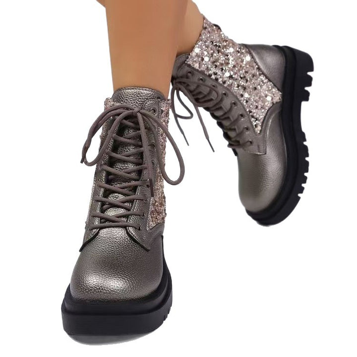 Women's glittering lace-up biker boots with a robust profiled sole and metallic grained surface Mune Fashion